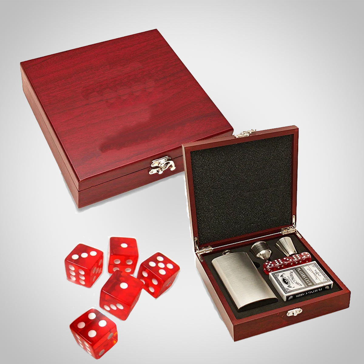 Rosewood Box Set with Cards, Dice and Personalized Flask – Decade Awards
