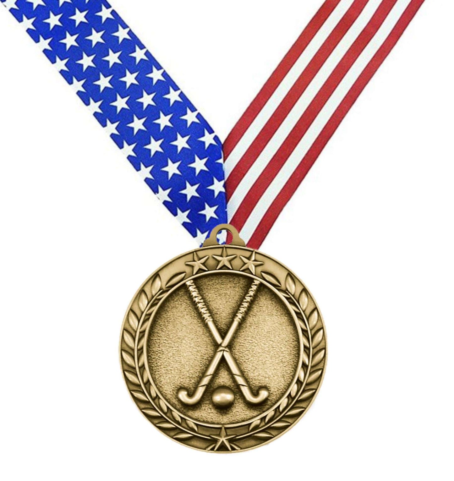 Field Hockey Wreath Medal - Gold | Engraved Gold Field Hockey Medallion - 2.75 Inch Wide Decade Awards