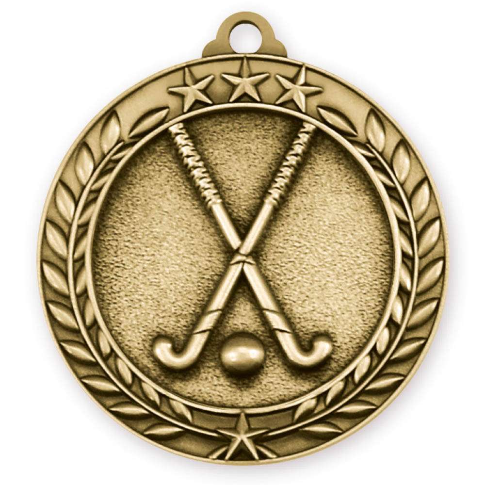 Field Hockey Wreath Medal - Gold | Engraved Gold Field Hockey Medallion - 2.75 Inch Wide Decade Awards