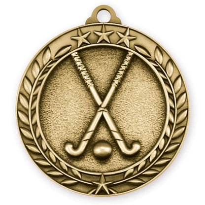 Field Hockey Wreath Medal - Gold | Engraved Gold Field Hockey Medallion - 2.75 Inch Wide Decade Awards