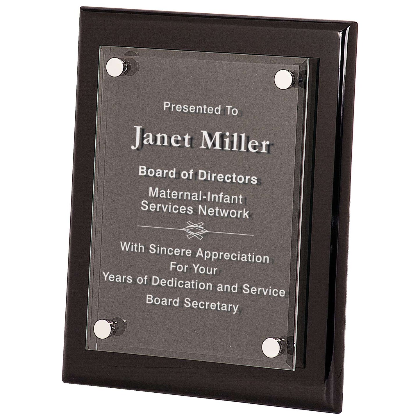 Floating Acrylic Plaque with Black Piano Finish | Engraved High Gloss Black Plaque - 8" x 10", 9" x 12" or  10.5" x 13" Decade Awards