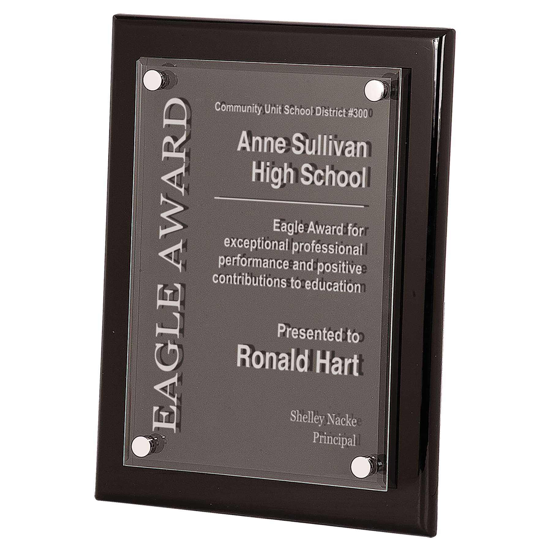 Floating Acrylic Plaque with Black Piano Finish | Engraved High Gloss Black Plaque - 8" x 10", 9" x 12" or  10.5" x 13" Decade Awards