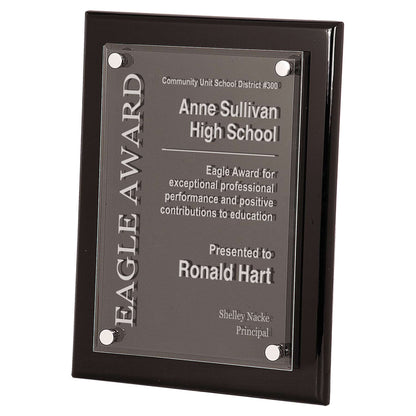 Floating Acrylic Plaque with Black Piano Finish | Engraved High Gloss Black Plaque - 8" x 10", 9" x 12" or  10.5" x 13" Decade Awards