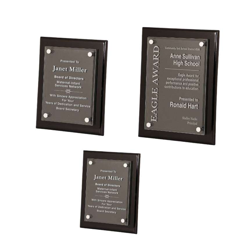 Floating Acrylic Plaque with Black Piano Finish | Engraved High Gloss Black Plaque - 8" x 10", 9" x 12" or  10.5" x 13" Decade Awards