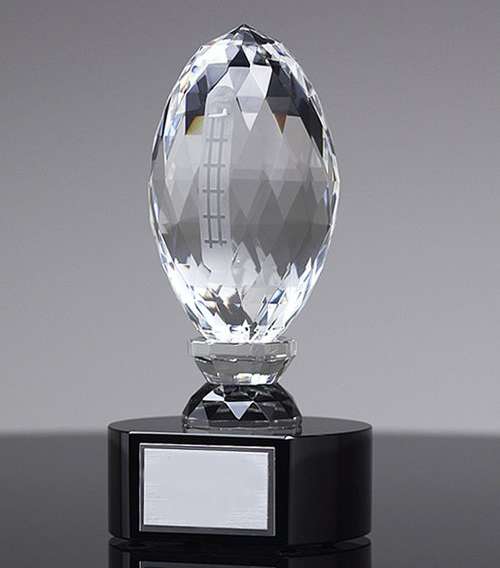Football Crystal Trophy on Black Marble Base - 6.75 Inch Tall | Engraved Crystal Football Award Decade Awards