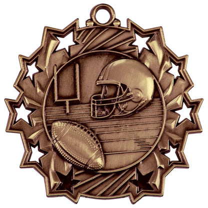 Football Ten Star Medal - Gold, Silver or Bronze | Engraved Gridiron 10 Star Medallion | 2.25 Inch Wide Decade Awards