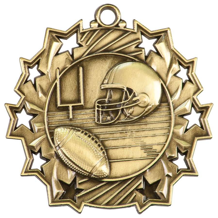 Football Ten Star Medal - Gold, Silver or Bronze | Engraved Gridiron 10 Star Medallion | 2.25 Inch Wide Decade Awards