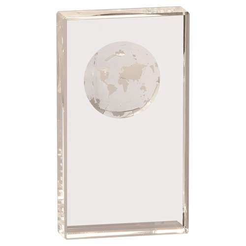 Global Crystal Rectangle Trophy | Engraved Etched Globe Crystal Award - 5", 6", 7" or 8" Tall Decade Awards