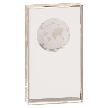 Global Crystal Rectangle Trophy | Engraved Etched Globe Crystal Award - 5", 6", 7" or 8" Tall Decade Awards