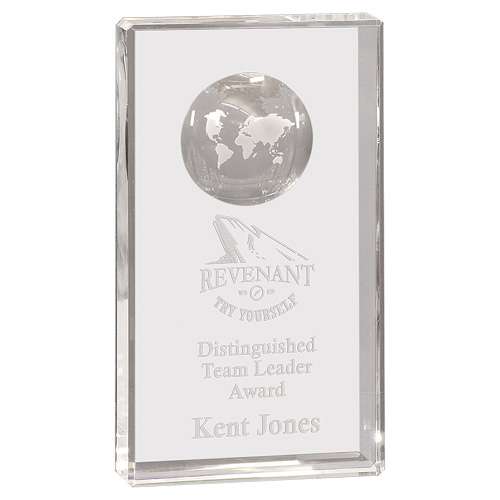 Global Crystal Rectangle Trophy | Engraved Etched Globe Crystal Award - 5", 6", 7" or 8" Tall Decade Awards
