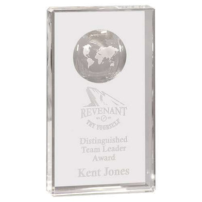 Global Crystal Rectangle Trophy | Engraved Etched Globe Crystal Award - 5", 6", 7" or 8" Tall Decade Awards