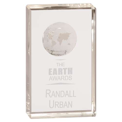 Global Crystal Rectangle Trophy | Engraved Etched Globe Crystal Award - 5", 6", 7" or 8" Tall Decade Awards