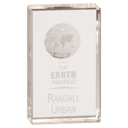 Global Crystal Rectangle Trophy | Engraved Etched Globe Crystal Award - 5", 6", 7" or 8" Tall Decade Awards