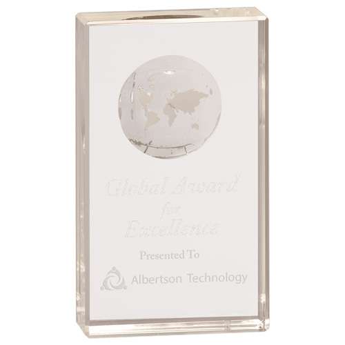 Global Crystal Rectangle Trophy | Engraved Etched Globe Crystal Award - 5", 6", 7" or 8" Tall Decade Awards