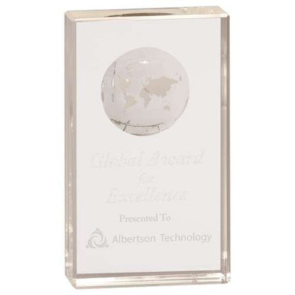 Global Crystal Rectangle Trophy | Engraved Etched Globe Crystal Award - 5", 6", 7" or 8" Tall Decade Awards