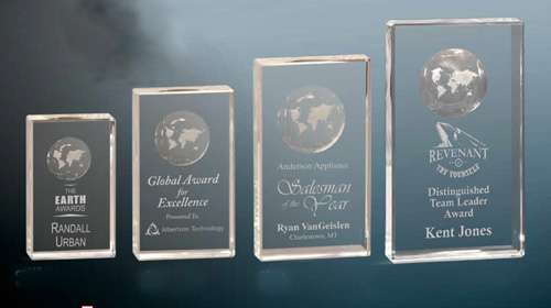 Global Crystal Rectangle Trophy | Engraved Etched Globe Crystal Award - 5", 6", 7" or 8" Tall Decade Awards