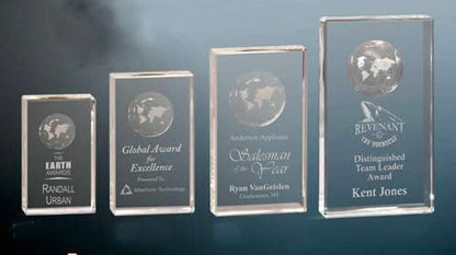 Global Crystal Rectangle Trophy | Engraved Etched Globe Crystal Award - 5", 6", 7" or 8" Tall Decade Awards