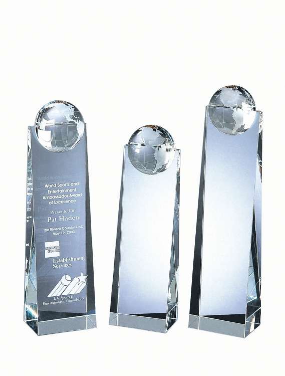 Global Crystal Tower Trophy | Engraved Crystal Globe Award - 9", 10" or 11" Tall Decade Awards