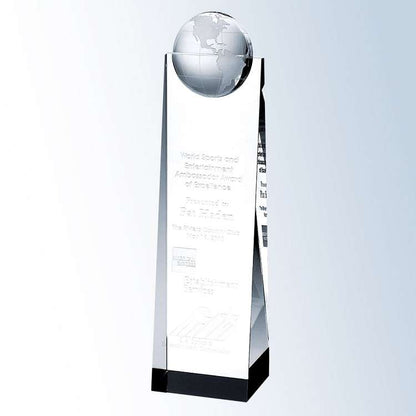 Global Crystal Tower Trophy | Engraved Crystal Globe Award - 9", 10" or 11" Tall Decade Awards