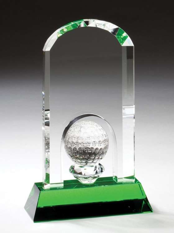 Golf Ball on the Green Crystal Trophy - 7.75 Inch Tall | Engraved Golf Crystal Dome Award Decade Awards