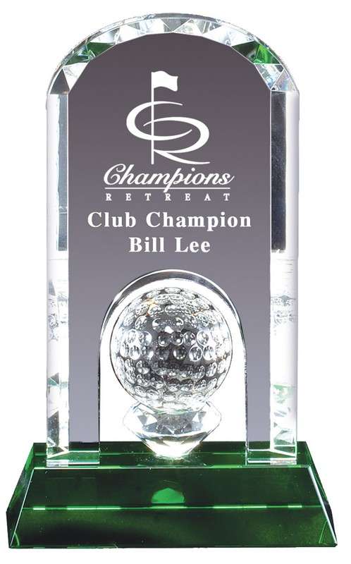 Golf Ball on the Green Crystal Trophy - 7.75 Inch Tall | Engraved Golf Crystal Dome Award Decade Awards