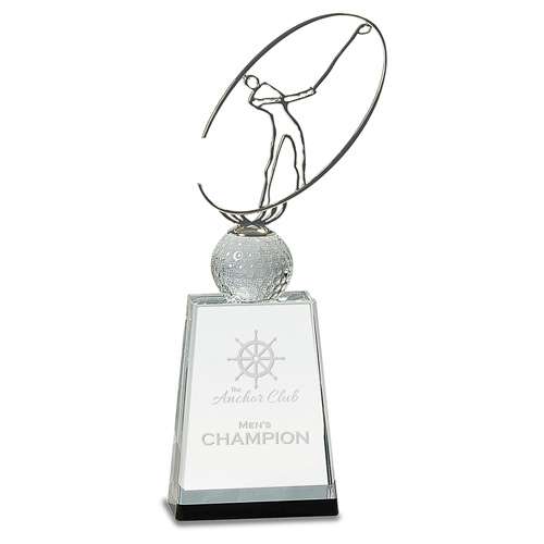Golf Crystal with Silver Metal Oval Figure Trophy - 3 Sizes | Engraved Golf Tournament Award Decade Awards
