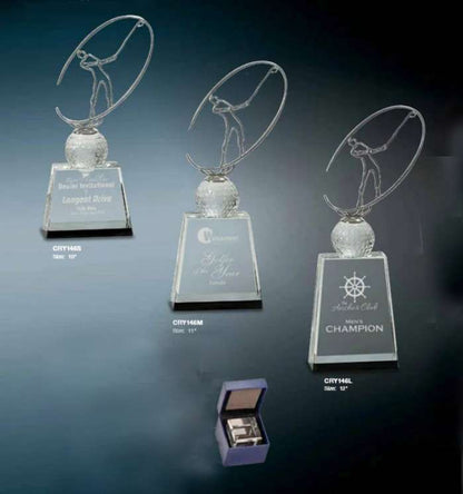 Golf Crystal with Silver Metal Oval Figure Trophy - 3 Sizes | Engraved Golf Tournament Award Decade Awards