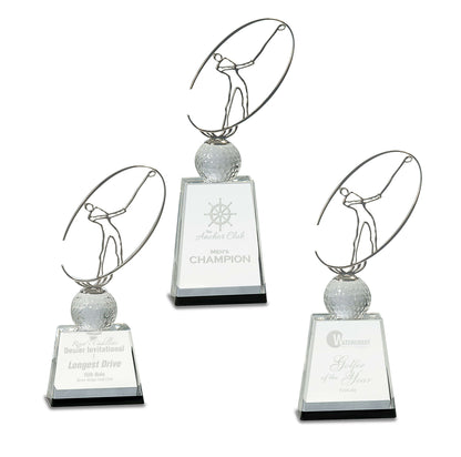 Golf Crystal with Silver Metal Oval Figure Trophy - 3 Sizes | Engraved Golf Tournament Award Decade Awards