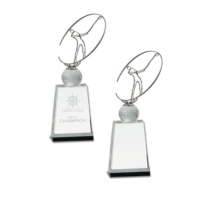 Golf Crystal with Silver Metal Oval Figure Trophy - 3 Sizes | Engraved Golf Tournament Award Decade Awards