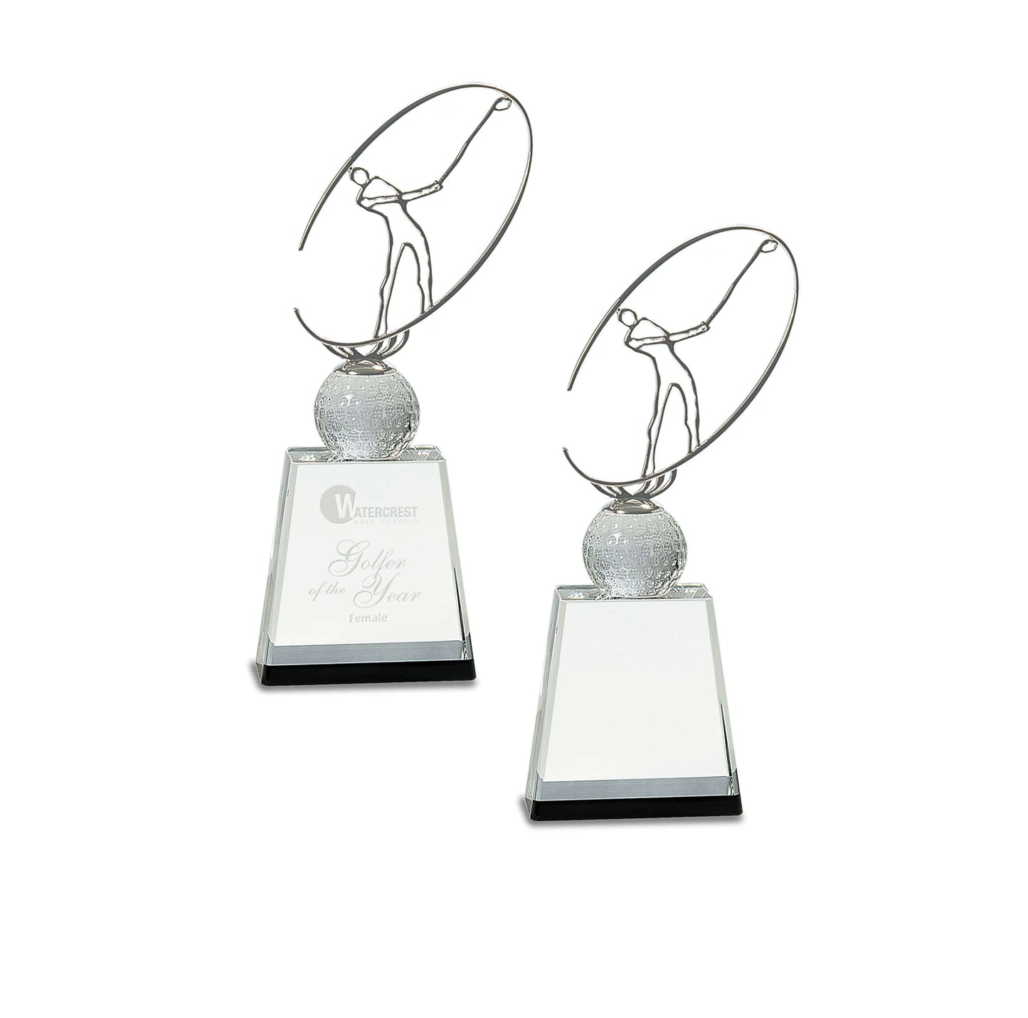 Golf Crystal with Silver Metal Oval Figure Trophy - 3 Sizes | Engraved Golf Tournament Award Decade Awards