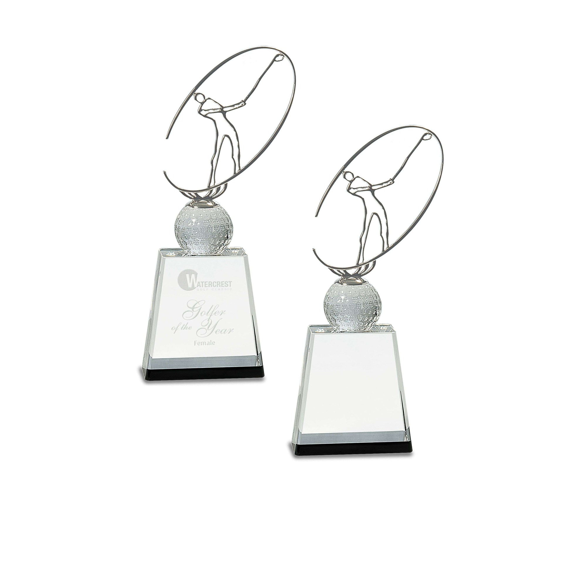 Golf Crystal with Silver Metal Oval Figure Trophy - 3 Sizes | Engraved Golf Tournament Award Decade Awards