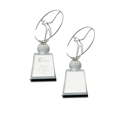 Golf Crystal with Silver Metal Oval Figure Trophy - 3 Sizes | Engraved Golf Tournament Award Decade Awards