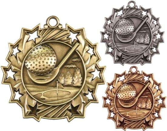 Golf Ten Star Medal - Gold, Silver or Bronze | Engraved Golfer 10 Star Medallion | 2.25 Inch Wide Decade Awards