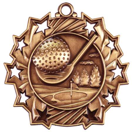 Golf Ten Star Medal - Gold, Silver or Bronze | Engraved Golfer 10 Star Medallion | 2.25 Inch Wide Decade Awards