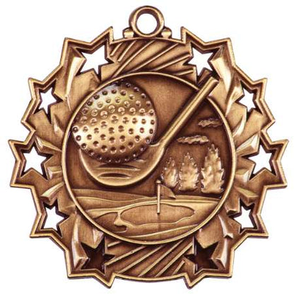 Golf Ten Star Medal - Gold, Silver or Bronze | Engraved Golfer 10 Star Medallion | 2.25 Inch Wide Decade Awards