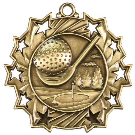 Golf Ten Star Medal - Gold, Silver or Bronze | Engraved Golfer 10 Star Medallion | 2.25 Inch Wide Decade Awards