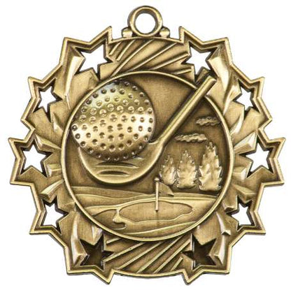 Golf Ten Star Medal - Gold, Silver or Bronze | Engraved Golfer 10 Star Medallion | 2.25 Inch Wide Decade Awards