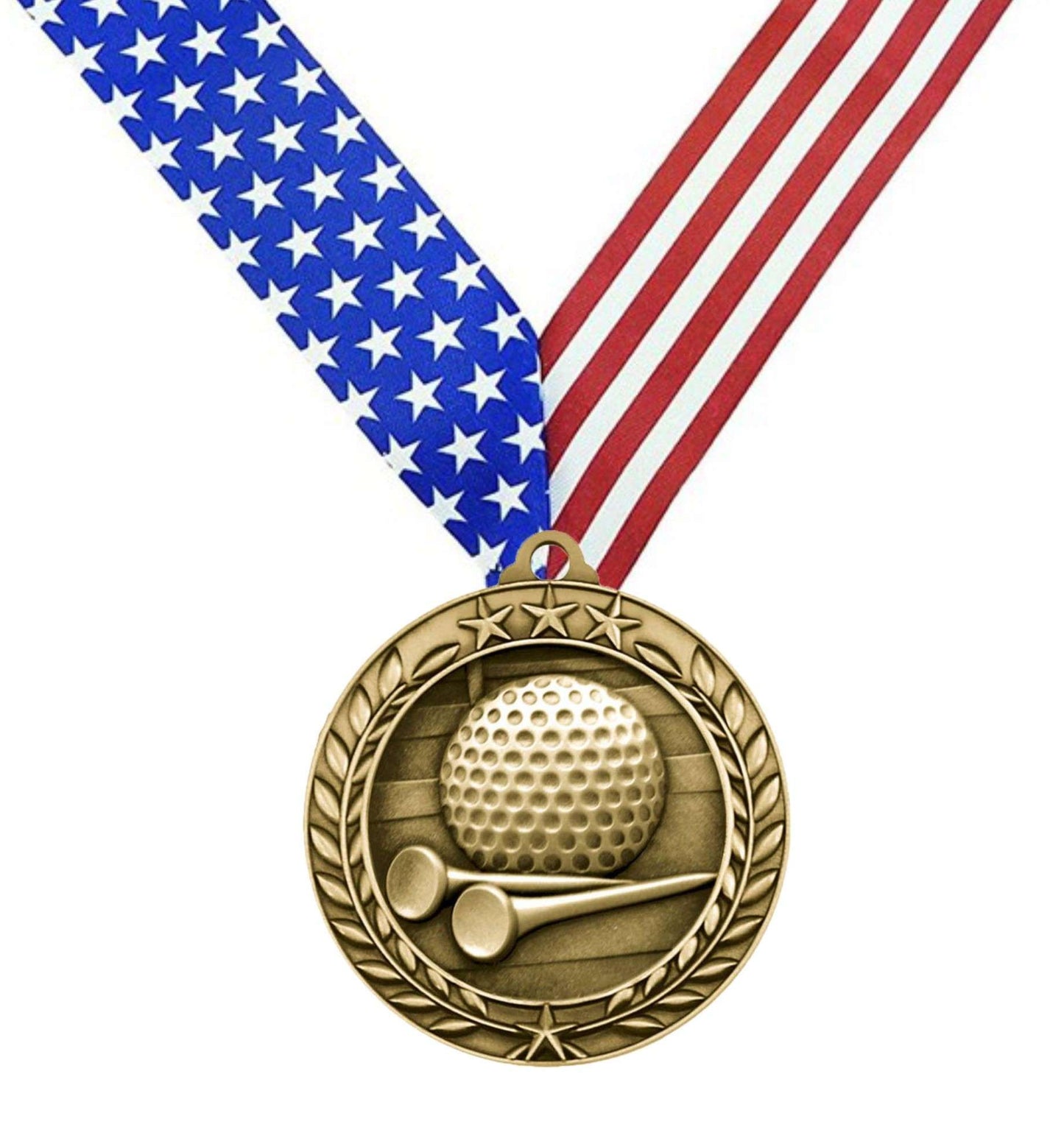 Golf Wreath Medal - Gold | Engraved Gold Golf Medallion - 2.75 Inch Wide Decade Awards