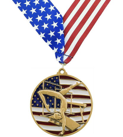 Gymnastics Patriotic Medal - Gold, Silver or Bronze | Engraved Gymnast Medal - 2.75 Inch Wide Decade Awards