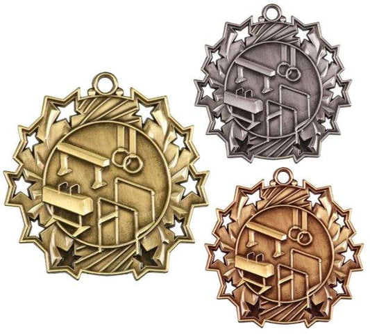 Gymnastics Ten Star Medal - Gold, Silver or Bronze | Engraved Gymnastics 10 Star Medallion | 2.25 Inch Wide Decade Awards