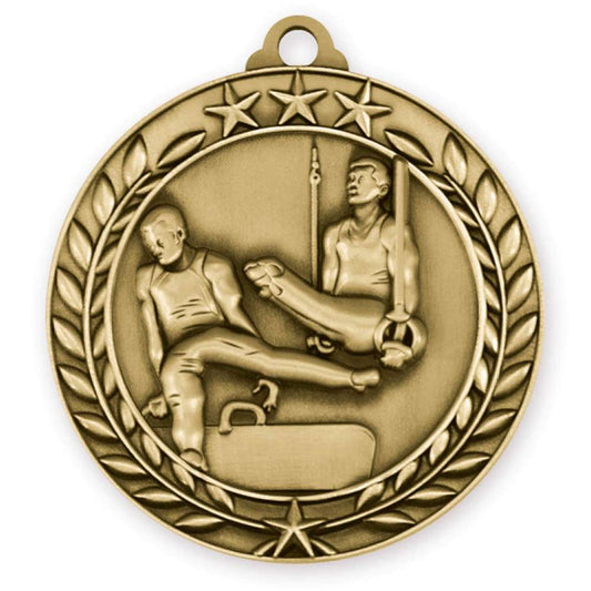 Gymnastics Wreath Medal - Gold | Engraved Gold Male Gymnastics Medallion - 2.75 Inch Wide Decade Awards
