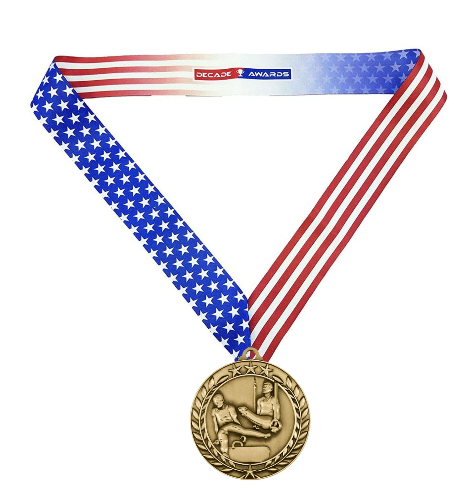 Gymnastics Wreath Medal - Gold | Engraved Gold Male Gymnastics Medallion - 2.75 Inch Wide Decade Awards