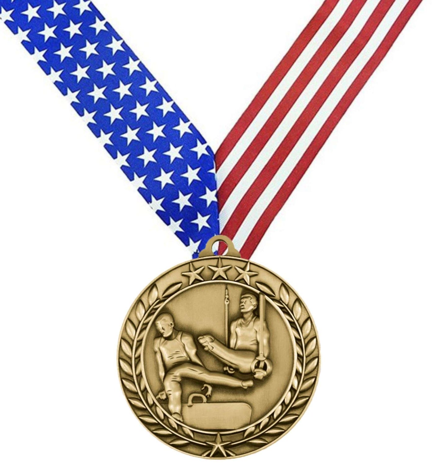 Gymnastics Wreath Medal - Gold | Engraved Gold Male Gymnastics Medallion - 2.75 Inch Wide Decade Awards