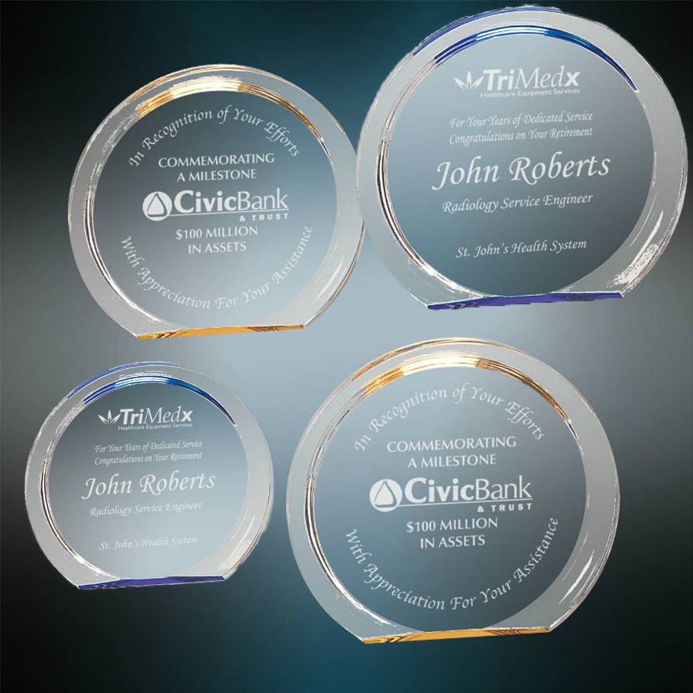 Halo Acrylic Trophy | Blue or Gold | Personalized Corporate Award | 5.375 or 6.375 Inches Tall