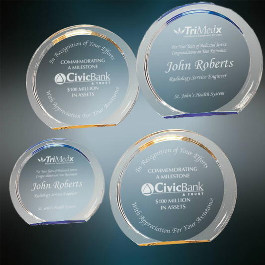 Halo Acrylic Trophy | Blue or Gold | Personalized Corporate Award | 5.375 or 6.375 Inches Tall