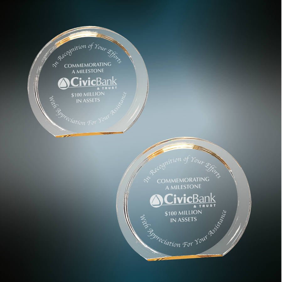 Halo Acrylic Trophy | Blue or Gold | Personalized Corporate Award | 5.375 or 6.375 Inches Tall