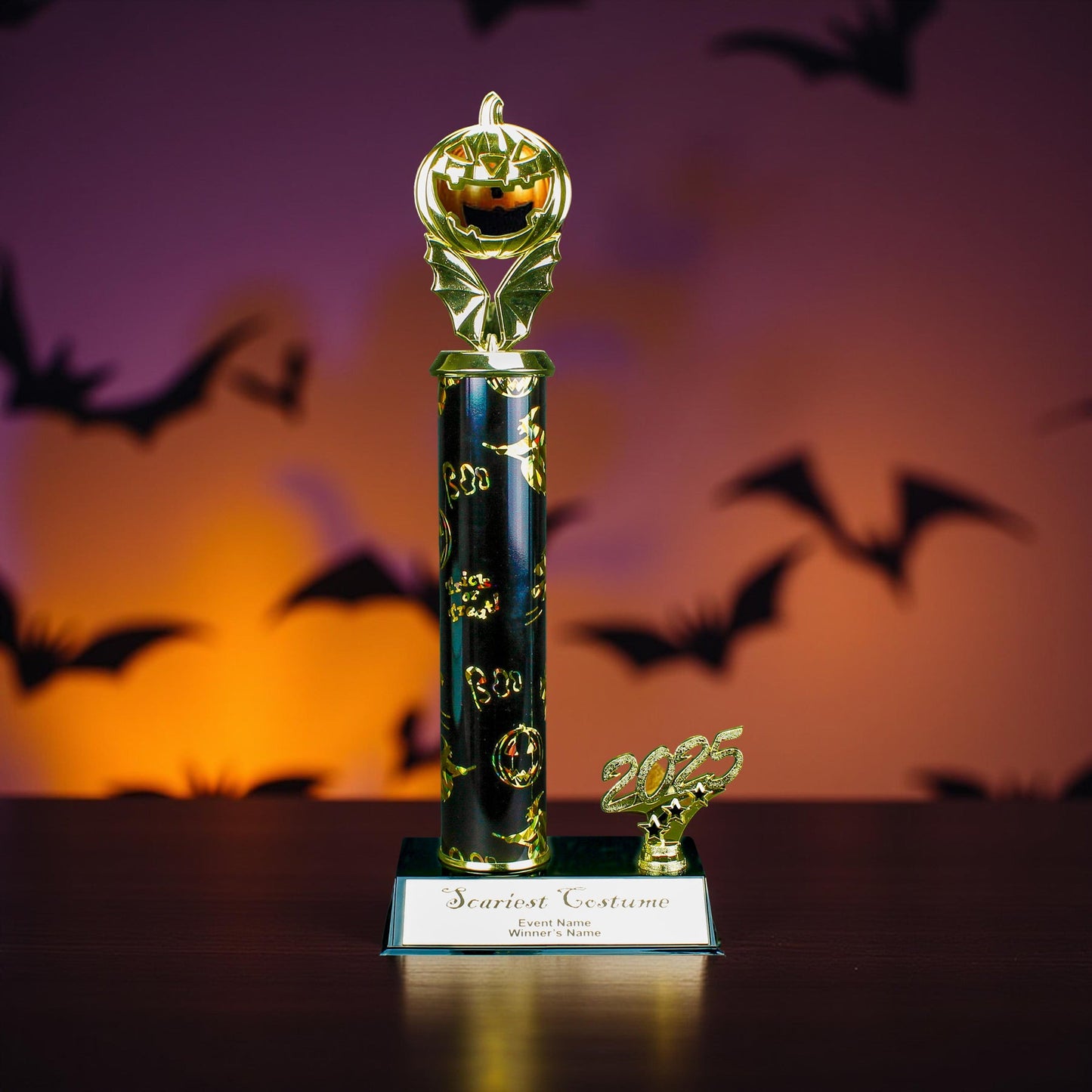 2025 Jack O Lantern Bat Halloween Trophy with spooky detail and free engraving from Decade Awards