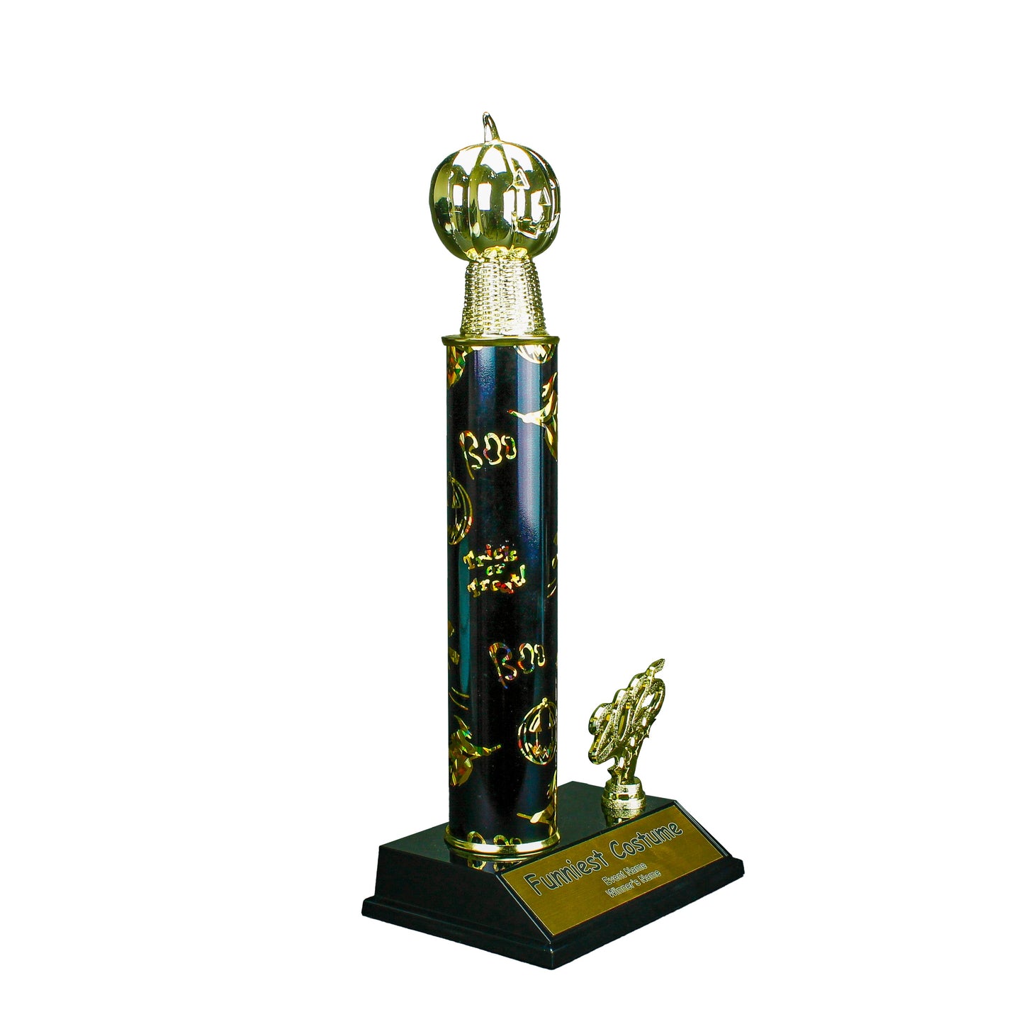 Engraved Pumpkinhead Halloween trophy with jack o lantern design and free custom engraving - 2025 edition by Decade Awards.