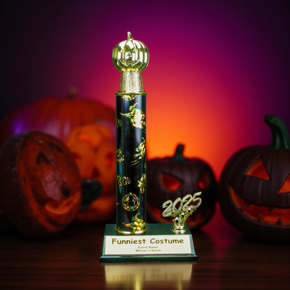 Engraved Pumpkinhead Halloween trophy with jack o lantern design and free custom engraving - 2025 edition by Decade Awards.