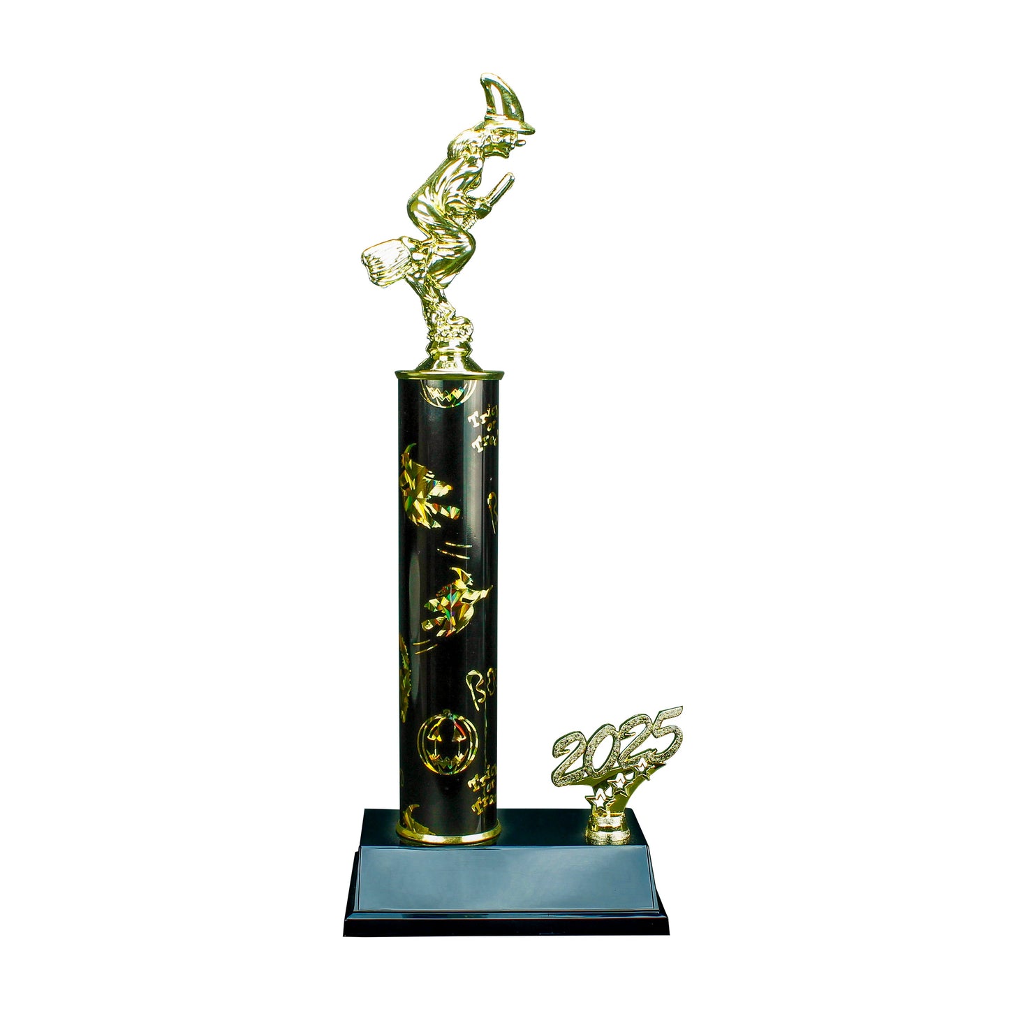 Witch on a broomstick trophy soaring mid-air with moon backdrop - 14 inch Halloween 2025 edition award from Decade Awards